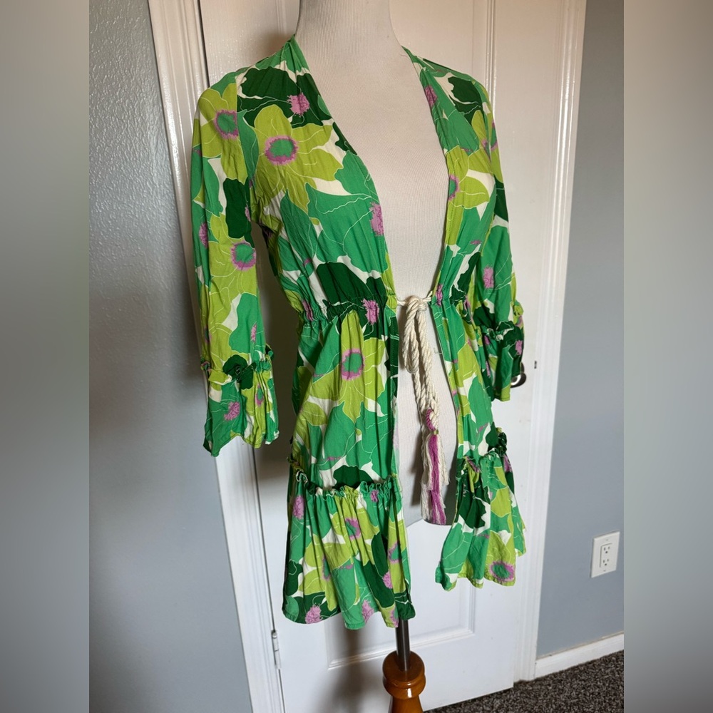 Palmacea Swimsuit Coverup
Size XS
Bright green & yellow details